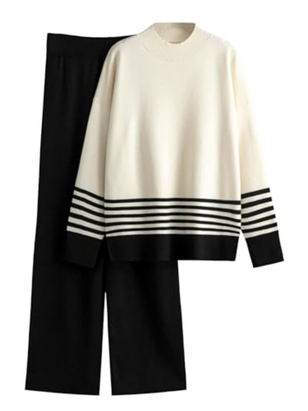Women's 2 Piece Lounge Set Ribbed Knit Turtleneck Sweater Wide Leg Pants